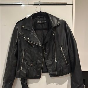 Zara Black Leather Moto Jacket with Asymmetrical Zipper